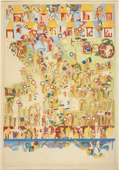 Egy falfestmény negyedméretű másolata a Jaguárok Felső Templomának déli faláról, Chichen Itza, Mexikó (akvarell) alkotó: Adela Breton