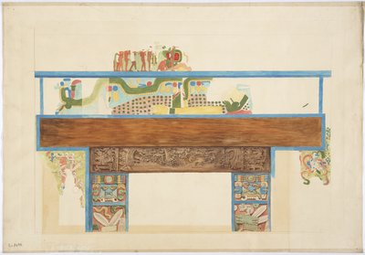 Egy falfestmény negyedléptékű másolata nyugati fal, Jaguárok felső temploma, Chichen Itza, Mexikó (akvarell, testfesték, grafit) alkotó: Adela Breton