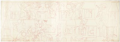 Déli fal, Jaguárok felső temploma, Chichen Itza, Mexikó északi negyede (vörös tinta és grafit) alkotó: Adela Breton
