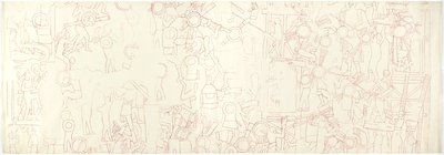 Déli fal, Jaguárok felső temploma, Chichen Itza, Mexikó Déli központi negyed (vörös tinta és grafit) alkotó: Adela Breton