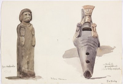 Kőfigurák Malinalcóból, Tolucából, Mexikóból (akvarell) alkotó: Adela Breton