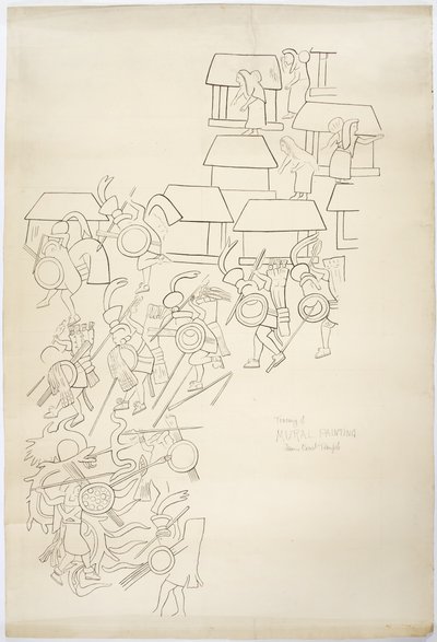 Egy falfestmény nyomon követése a nyugati falról, a Jaguárok felső temploma, Chichen Itza, Mexikó A nyomkövetés tinta vége (fekete tinta és grafit) alkotó: Adela Breton