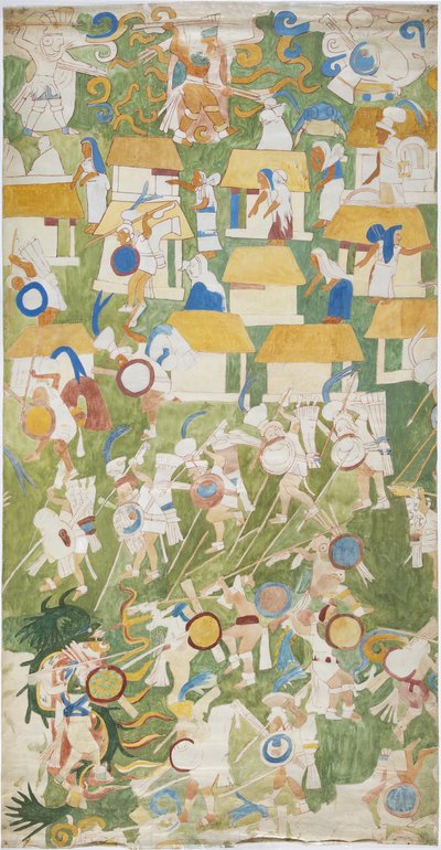 Egy falfestmény nyomon követése a nyugati fal déli táblájáról, Jaguárok Felső Temple, Chichen Itza, Mexikó (akvarell és grafit) alkotó: Adela Breton