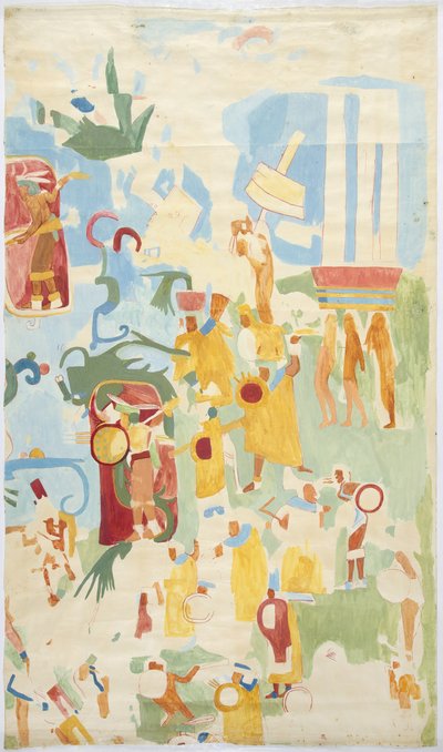 Egy falfestmény nyomon követése Belső kamra északi fala, Jaguárok Felső Temple (Maudsley Temple AT), Chichen Itza, Mexikó (akvarell és testszín) alkotó: Adela Breton