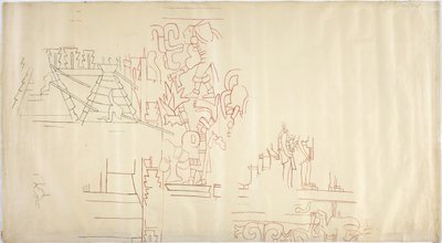 A Casa de Monjas, Chichen Itza, Mexikó falfestményének nyomkövetése Fekete-piros tintával (vörös és fekete tinta és grafit) nyomon követve és átfestve alkotó: Adela Breton