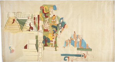 Egy falfestmény nyomon követése Casa de Monjas, Chichen Itza, Mexikó Boltozatot ábrázol nagy kamrában. Feketére tintával és akvarellel festett nyomvonal A falfestmény északi felének teljes léptékű körvonala (akvarell, testfesték, grafit) alkotó: Adela Breton