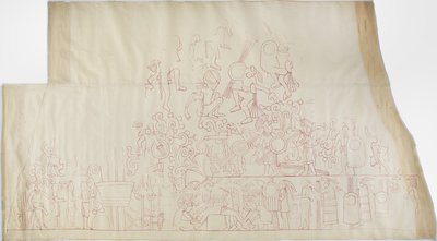 Egy falfestmény nyomon követése a déli boltozat mennyezetéről, Jaguárok felső temploma, Chichen Itza, Mexikó    (piros tinta) alkotó: Adela Breton