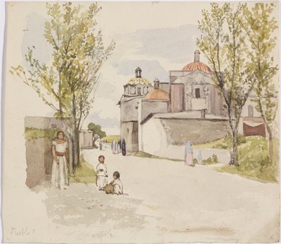 Kilátás egy falusi utcára nőkkel és gyerekekkel - Puebla (?), Mexikó (akvarell és grafit) alkotó: Adela Breton