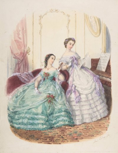 Divattanulmány: Két nő estélyi ruhában, kb. 1860. alkotó: Adèle Anaïs Colin