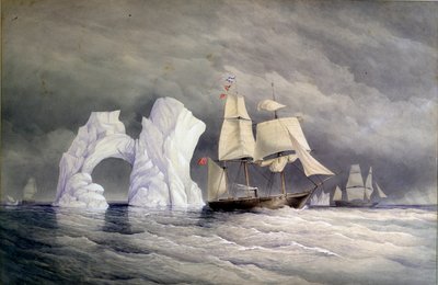 A Phoenix, Talbot és Diligence brit hajók átkelése egy jéghegyen (Kanada sarkvidéke). Akvarell (58x88 cm), készítette Edward Augustus Inglefield (1820-1894). alkotó: Admiral Edward Augustus Inglefield