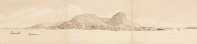"Raiatea panorámája, 1849. szeptember 1. Jobbra Tahaa [Társadalmi Szigetek]