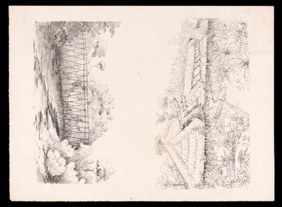 A Stang törzs faluja, Sarawak, Borneó; és egy folyón átívelő rúdhíd a nyugat-indiai, észak-amerikai és borneói albumból, 1845 körül (litográfia). alkotó: Admiral Sir Edward Gennys Fanshawe