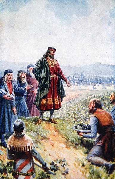IV. Károly a szőlőt vizsgálja a csehországi borkészítés ösztönzése során, a huszadik század eleje (színes litográfia) alkotó: Adolf (after) Liebscher