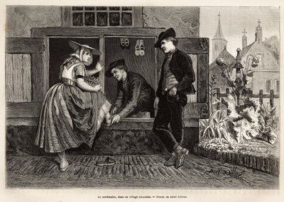 Egy zélandi faluban egy cipész kipróbáltat egy fiatal nőt egy cipőben egy fiatal férfi kíséretében, Adolf Dillens 1873-as Zelande-i (Neerlande) utazását illusztráló rajza alapján, Charles de Costertől, megjelent a „Le tour du monde” 1874, alkotó: Adolf Alexander Dillens