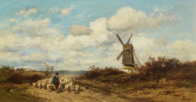 Táj szélmalommal és pásztorokkal alkotó: Adolf Heinrich Lier