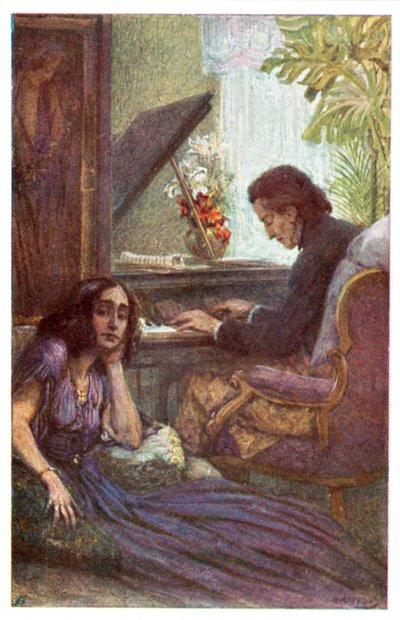 Zenész és zeneszerző, Frederic Chopin, George Sand közreműködésével Adolf Karpellus (színes litó) alkotó: Adolf Karpellus