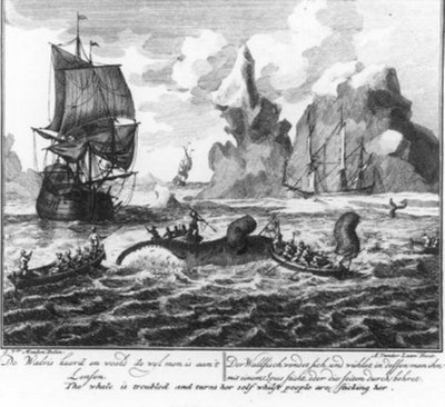 „A bálna megfordul és vergődik, miközben lenyúzzák” (a bálnavadászatról szóló sorozat 6. száma) alkotó: Adolf van der Laan