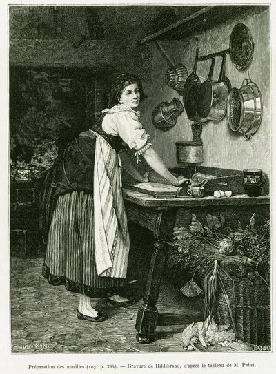 Tészta elkészítése. Hildibrand metszet az Elzászon és Lotaringián keresztül című történet illusztrálására 1887-ben, Charles Grad német deputer, a tour du monde 1888-ban, rendezte Edouard Charton (1807-1890), Hachette, Párizs. alkotó: Adolf von Hildebrand