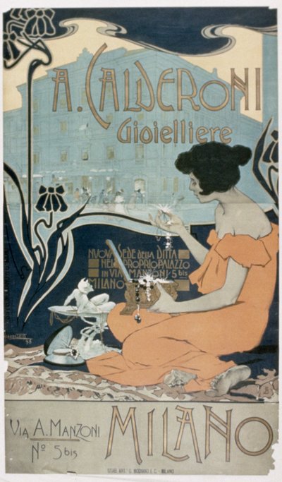A. Calderoni, ékszerész, Milánó hirdetése. alkotó: Adolfo Hohenstein