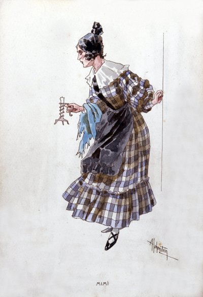 Mimi karakterének jelmeze Giacomo Puccini (1858-1924) „La Boheme” című operájához. Adolfo Hohenstein akvarellje. alkotó: Adolfo Hohenstein