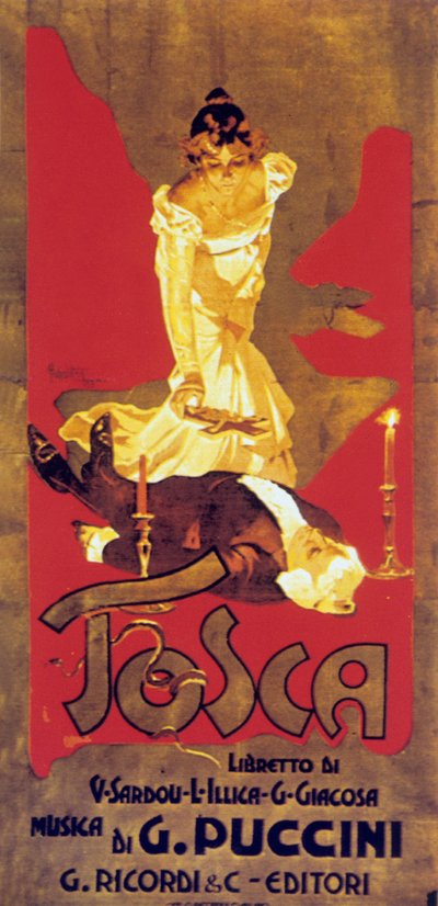 Giacomo Puccini Tosca című operájának partitúrájának borítóját Adolf Hohenstein készítette alkotó: Adolfo Hohenstein