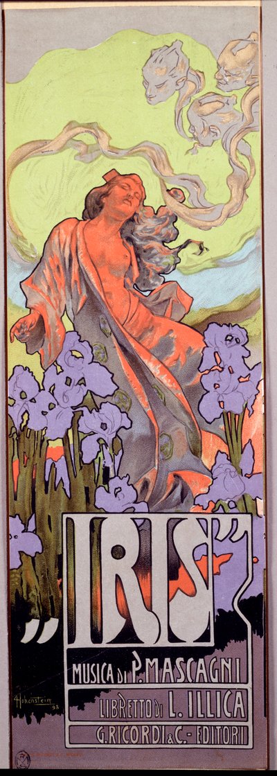 Íriszopera Pietro Mascagni és olasz librettója Luigi Illica (1898). Plakát illusztrálta: Adolfo Hohenstein (1854-1928) 1910 Dim. 10x29,5 cm milánói magángyűjtemény alkotó: Adolfo Hohenstein