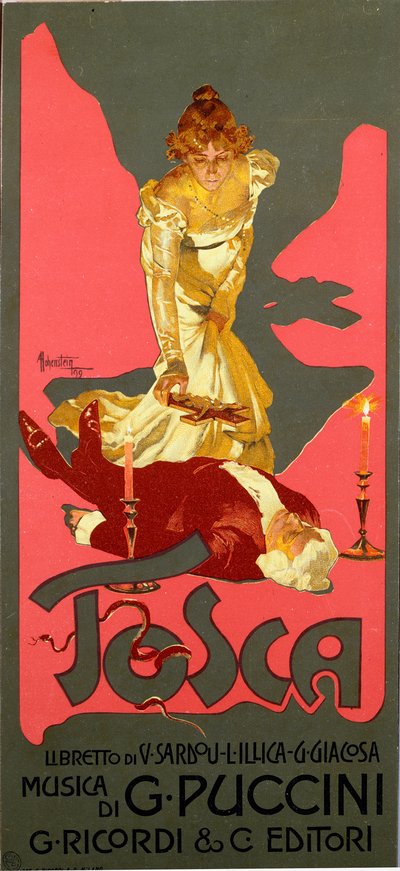 Liberty stílusú plakát Giacomo Puccini (1858-1924) „La Tosca” című operájához 1906 Dim. 30x13,5 cm Illusztráció: Adolfo Hohenstein (1854-1928) Milánói Magángyűjtemény alkotó: Adolfo Hohenstein