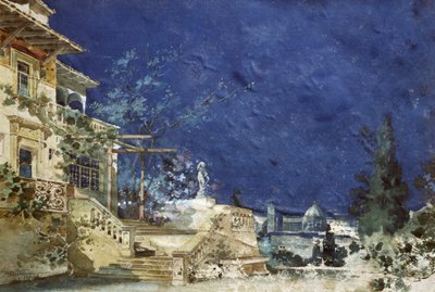 Adolfo Hohenstein (1854-1928) díszletterve a Zanetto, Pietro Mascagni (1863-1945) operájának ősbemutatójára alkotó: Adolfo Hohenstein