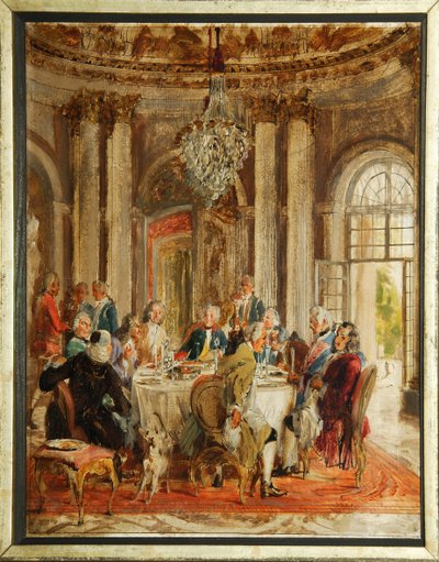 II. Porosz Frigyes (1712-1786) kerekasztala Voltaire-rel (Francois-Marie (Francois Marie) Arouet de Voltaire-rel (1694-1778) és Christoph Ludwig von Stille-vel (1696-1752) a Sanssouci-palotában, Adolph Friedch-ben - Adolph Sketch Menzel (1815-1905), olaj alkotó: Adolph Menzel