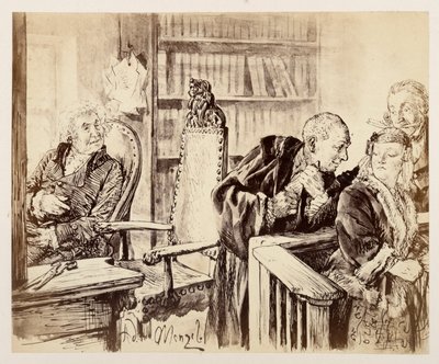 Ádám titokban Évához beszél. Licht hallgatózik. A bírósági tanácsos visszahívja Ádámot a bírói székbe, Heinrich von Kleist „Az eltört korsó” című művéhez alkotó: Adolph Menzel