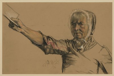 Idős asszony, aki jobb kezével egy petíciót nyújt át alkotó: Adolph Menzel