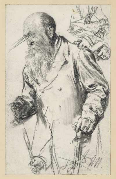 Idős szakállas férfi kabátban, bottal, néhány részlet megismételve alkotó: Adolph Menzel