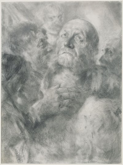 Felfelé tekintő öregember és négy arc alkotó: Adolph Menzel