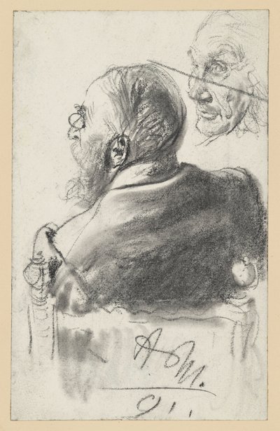 Pápaszemes szakállas férfi karosszékben ülve, hátulnézet, egy öregember arca alkotó: Adolph Menzel