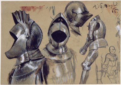 Mellvértek és sisakok három nézetben, két álló páncélzat alkotó: Adolph Menzel