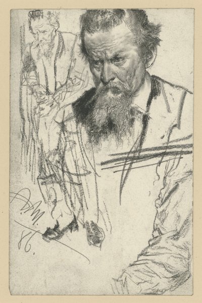 Bajuszos férfi mellképe, kissé balra előrehajolva, balra: balra néző álló férfi, jobbra: ujjtanulmány alkotó: Adolph Menzel