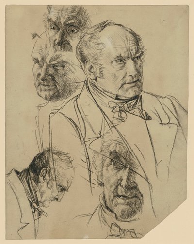 Egy idősebb férfi mellképét jobbra nézően, négy fejtanulmány alkotó: Adolph Menzel