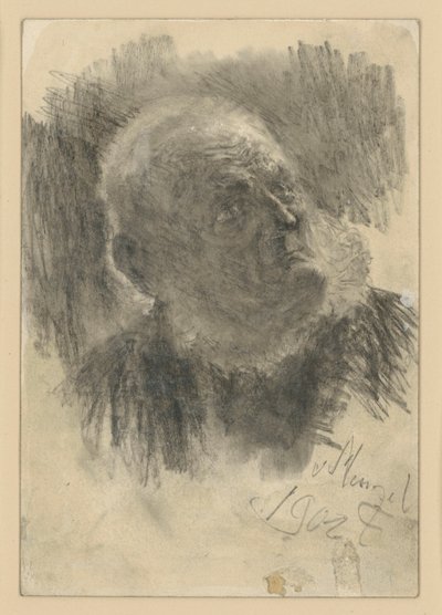 Idős férfi mellképe kőművessapkával, jobbra felfelé tekintve alkotó: Adolph Menzel