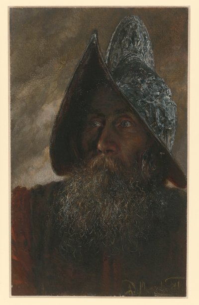 Sisakos, szakállas katona mellképe, kissé balra fordulva alkotó: Adolph Menzel