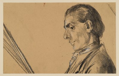 Egy lesütött tekintetű fiatal férfi mellképe. Balra néző profil. Tanulmány Frigyes nagy sanssouci fuvolakoncertje című festményhez alkotó: Adolph Menzel
