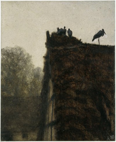 A gólyafészek a szalmával fedett tetőn. A „Gyermekalbum” című könyvből alkotó: Adolph Menzel