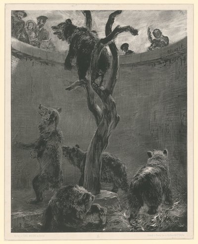 A medveketrec a Állatkertben. 6. lap a „Kísérletek ecsettel és kaparóval” című füzet 1. számából alkotó: Adolph Menzel