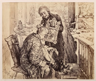 Licht írnok arra találja Adam falubírót, hogy éppen a lábát kötözi. Adam a tükörben, amelyet Licht tart elé, megnézi a zúzott arcát, Heinrich von Kleist „A törött kancsó” című művéhez alkotó: Adolph Menzel