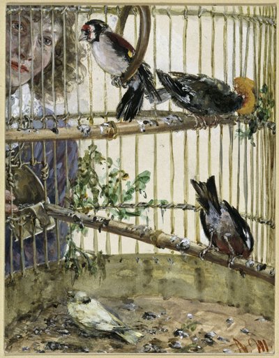 A sárgarigók és a kanári a parasztházban. A „Gyermekalbum” című műből alkotó: Adolph Menzel