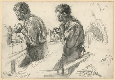 Esztergályos a munkapadon, két vázlat és részletek alkotó: Adolph Menzel
