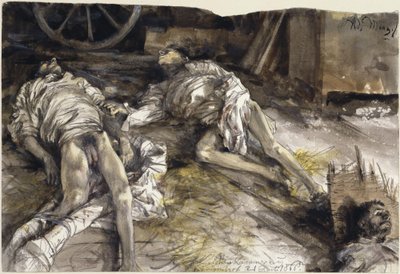 Három elesett katona egy pajtában - halottasház Königinhofban alkotó: Adolph Menzel