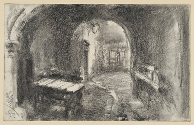 Sötét, boltíves átjáró, elöl egy kézi kocsi alkotó: Adolph Menzel