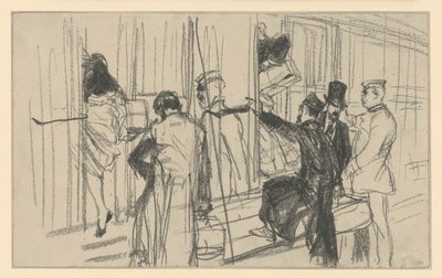 Felszálló vasúti utasok és kalauz. Jelenet a peronon alkotó: Adolph Menzel