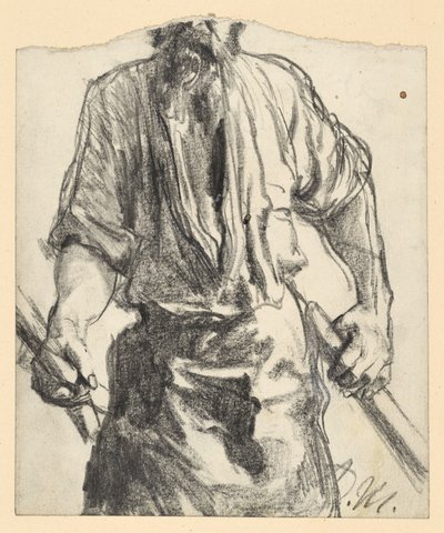 Vasmunkás köténnyel és fadarabokkal a kezében. Tanulmány „A vasöntöde. Modern küklopszok” című műhöz alkotó: Adolph Menzel