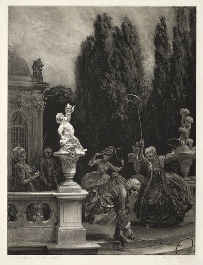 Esszé a kőről ecsettel és kaparóval: Játssz a karikán a kastély teraszán, 1851. alkotó: Adolph Menzel